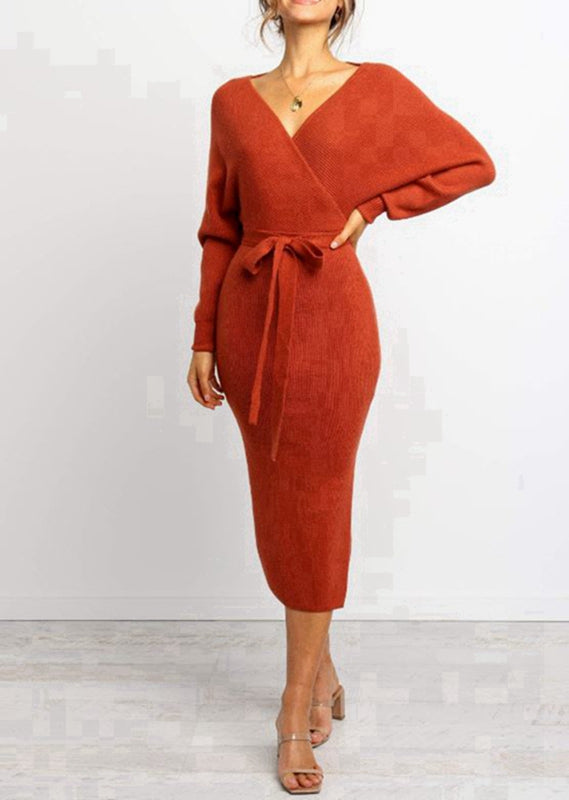 Cross-Over Front Long Sleeve Burnt Orange Midi Knit Dress with Tie Bel –  CheekyBits Official